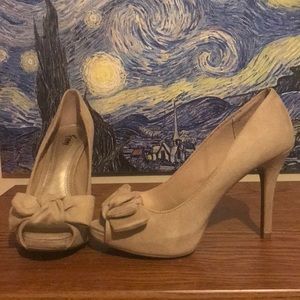 Peep toe tan suede high heels